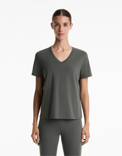 OYSHO - Mørk antracit T-shirt med V-hals i bomuldsblanding - view 1