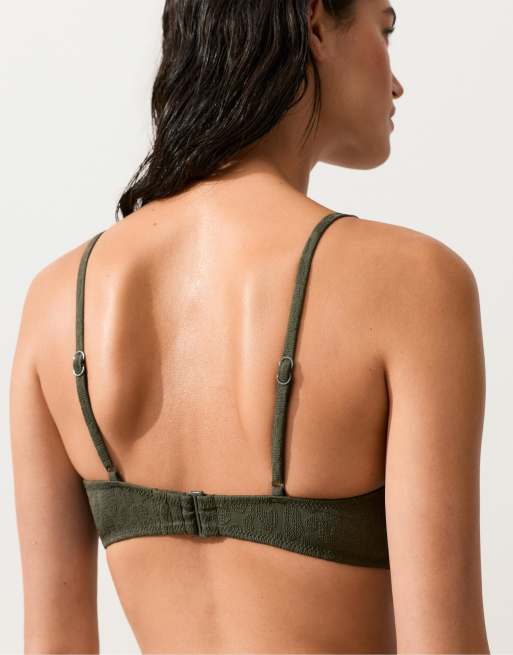 OYSHO - Mørk kakifarvet bikinitop med tekstur og halterneck samt leopardprint, 3 af 4