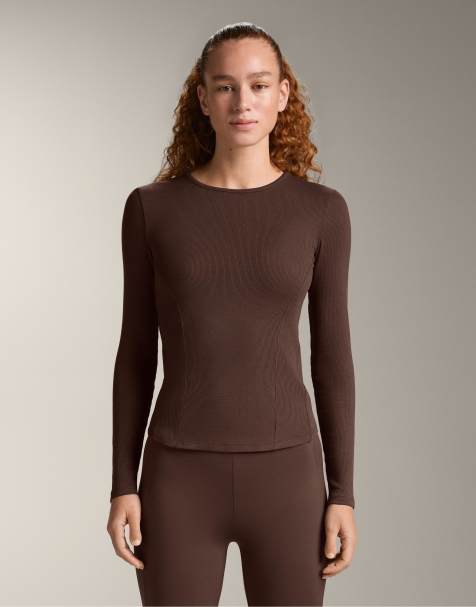 OYSHO - Mørkebrun ribstrikket T-shirt med lange ærmer i modal-/bomuldsblanding - view 1