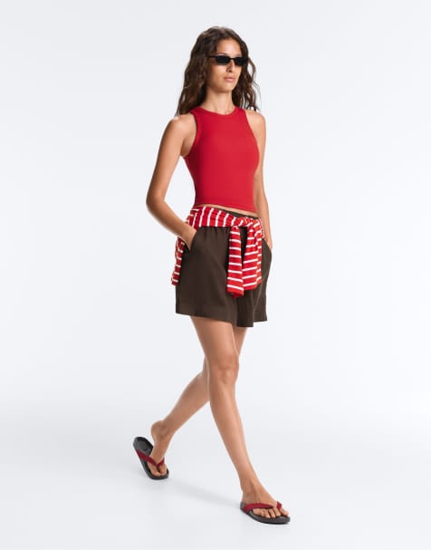 OYSHO - Mørkerød lang tanktop i ribstrikket modalblanding - view 1