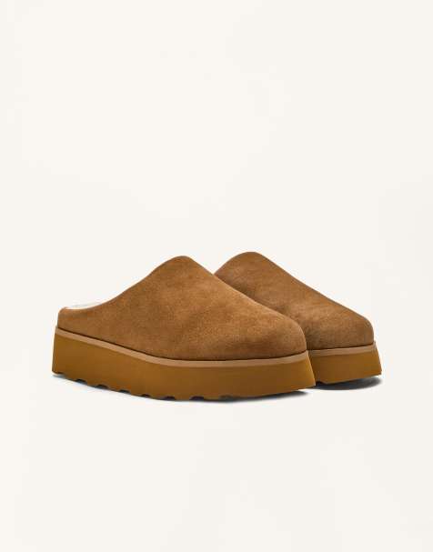 OYSHO - Mules en croûte de cuir et fausse fourrure - Marron - view 1