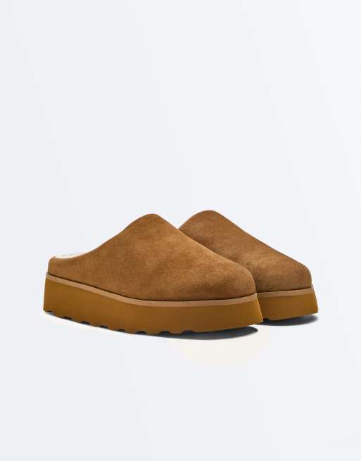 OYSHO - Mules en croûte de cuir et fausse fourrure - Marron, 2 de 4