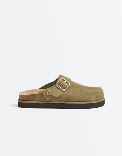 OYSHO - Mules en cuir fendu avec boucle - Kaki - view 1