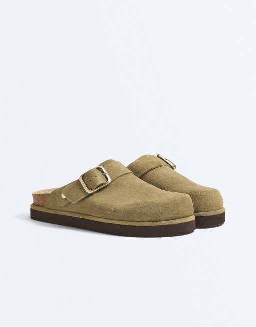 OYSHO mules i splitläder med spänne i khaki, 3 av 7