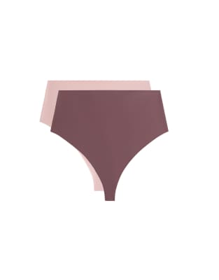 OYSHO - Nahtlose Tangas aus Polyamid-Mix in dunklem Aubergine mit mittlerer Stützfunktion und hohem Bund, 2er-Pack-Lila