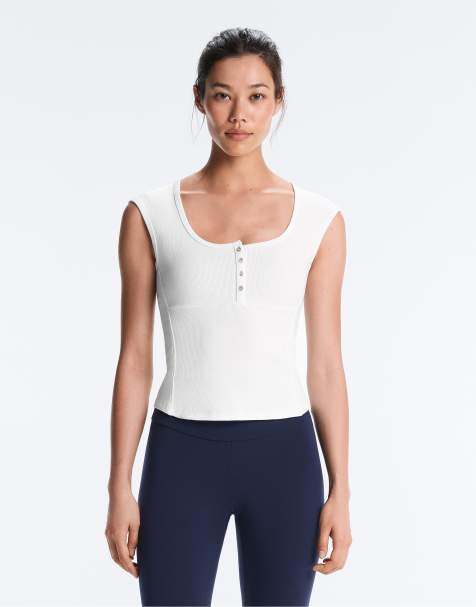 OYSHO – Naturvit, ärmlös t-shirt i bomull och modalmix med ribbad textur och knappar - view 1