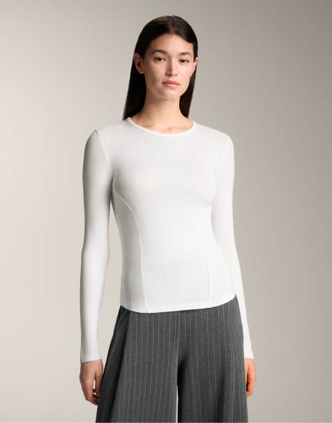 OYSHO – Naturvit, ribbad t-shirt i bomull och modal med långa ärmar - view 1