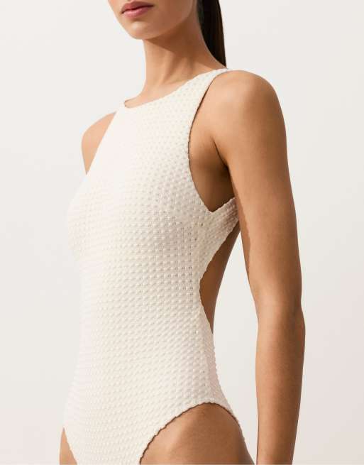 OYSHO – Neckholder-Badeanzug aus Häkelstoff in Ecru mit Blasenstruktur, 2 von 4