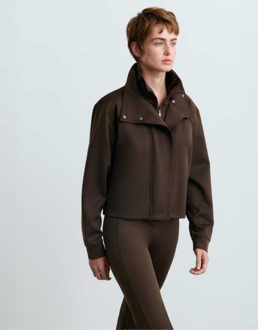 OYSHO Neoprene-effect double-collar jacket in brown, 2 of 4