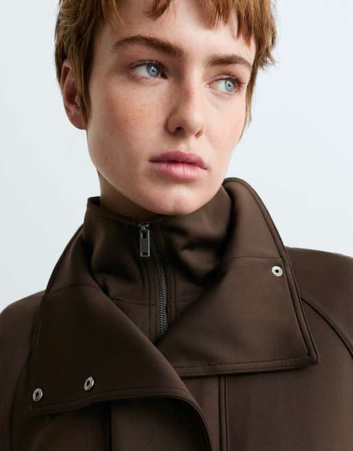OYSHO Neoprene-effect double-collar jacket in brown, 3 of 4