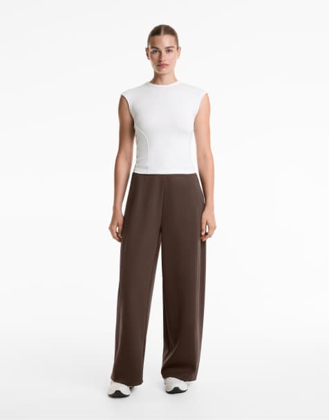 OYSHO Neoprene-effect high-rise cocoon trousers in brown