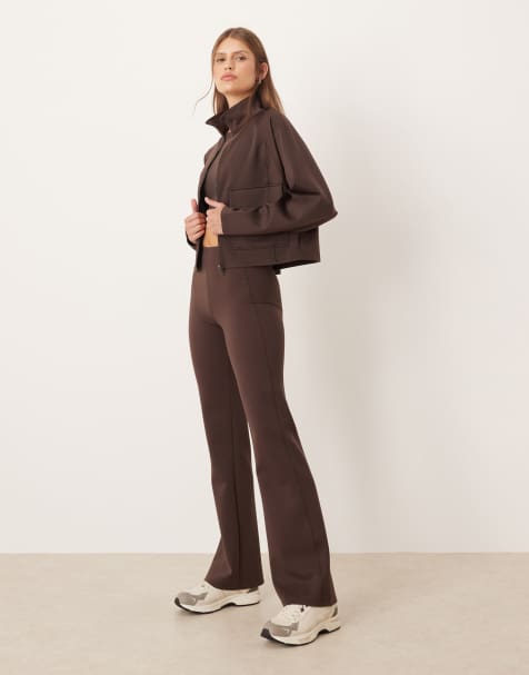 OYSHO Neoprene-effect high rise flare trousers in brown - view 1