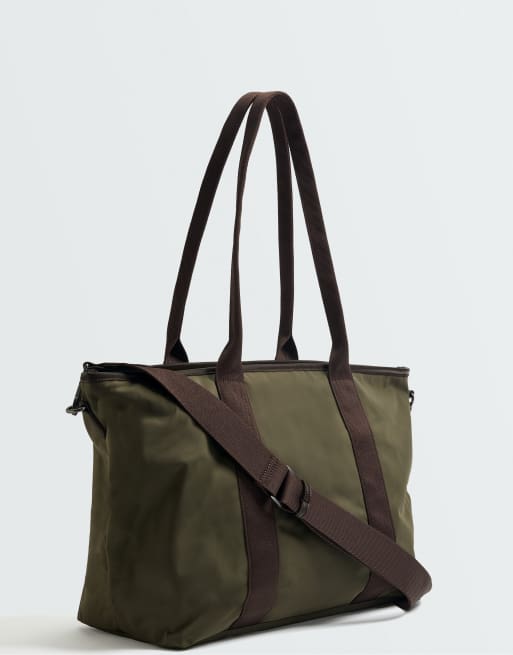 OYSHO Nylon tote bag in khaki, 3 of 7