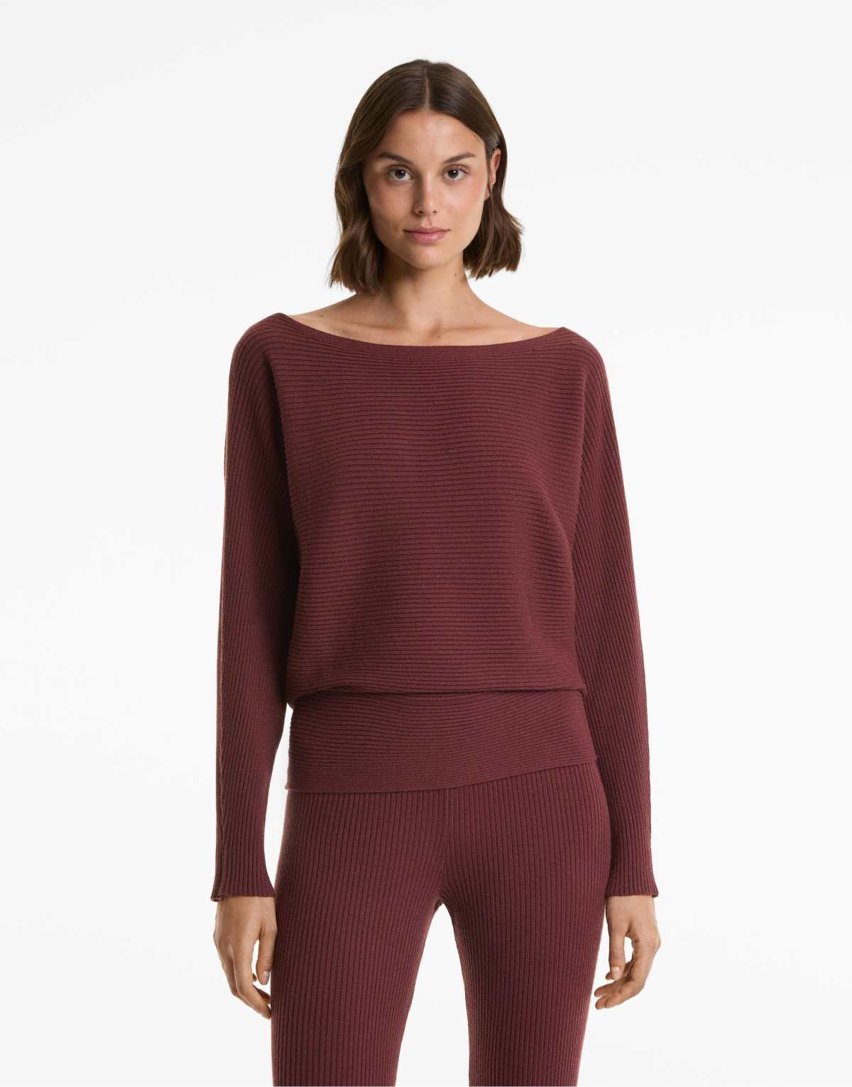 OYSHO Off-shoulder rib knit jumper in green