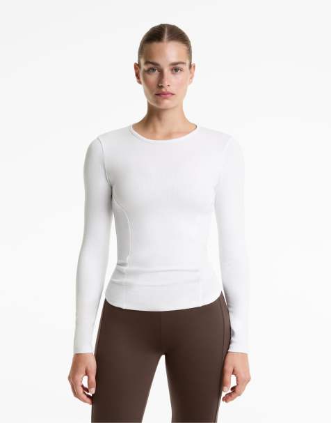 OYSHO - Offwhite ribstrikket T-shirt med lange ærmer i bomulds- og modalblanding - view 1