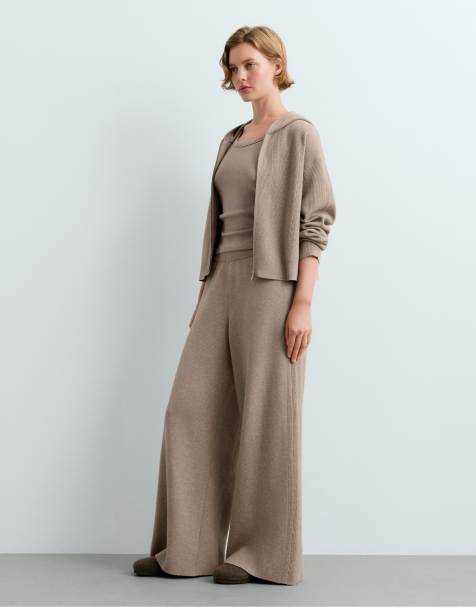 OYSHO Openwork straight-leg knit trousers in mink - view 1