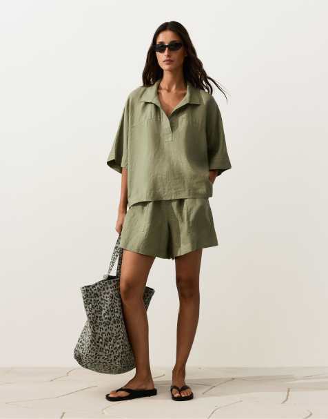 OYSHO Oversize 100% linen short-sleeved shirt in green - view 1