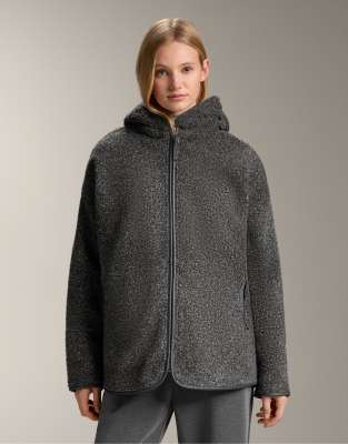 OYSHO - Oversize-Jacke aus Lammfellimitat in Dunkelgrau meliert mit Kapuze mit Kunstpelzfutter