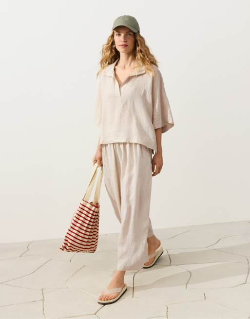 OYSHO - Oversized brunmeleret skjorte med korte ærmer i 100% hør, 2 af 4