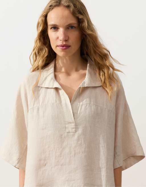 OYSHO - Oversized brunmeleret skjorte med korte ærmer i 100% hør, 3 af 4