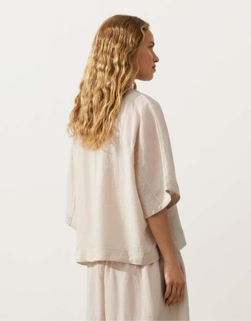 OYSHO - Oversized brunmeleret skjorte med korte ærmer i 100% hør, 4 af 4