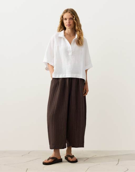 OYSHO - Oversized råhvid skjorte med korte ærmer i 100% hør, 2 af 4