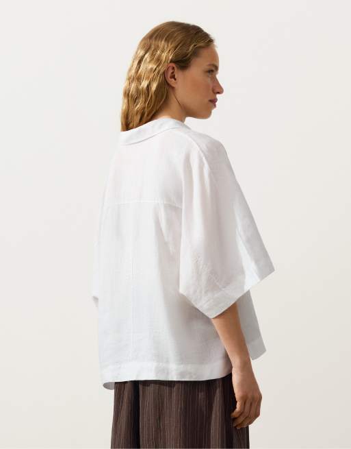 OYSHO - Oversized råhvid skjorte med korte ærmer i 100% hør, 4 af 4