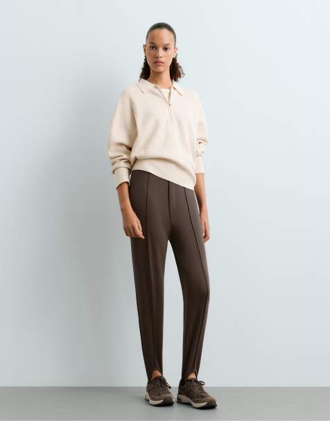 OYSHO pantalon ajusté à sous-pied en coton marron - view 1