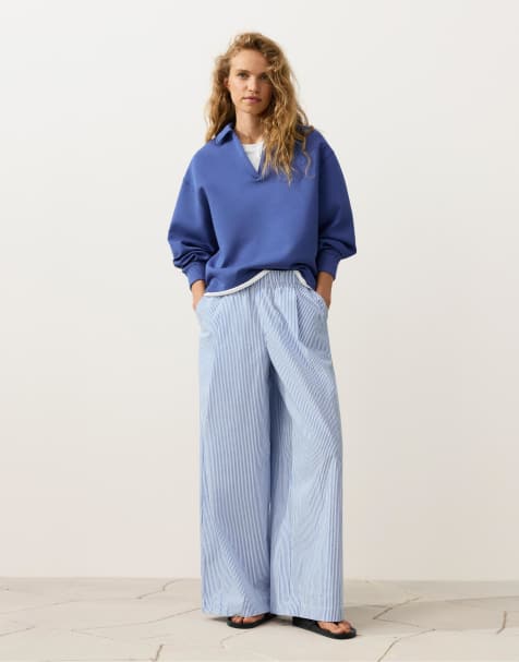 Oysho - Pantalon ample en coton mélangé à rayures - Bleu clair - view 1