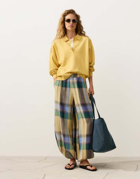 Oysho - Pantalon bloomer en pur lin - Jaune et vert - view 1