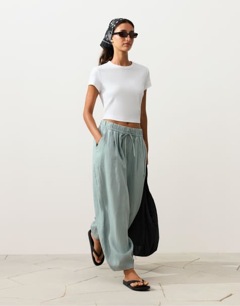 Oysho - Pantalon bouffant à pinces en pur lin - Aigue-marine - view 1