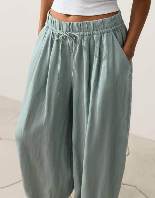 Oysho - Pantalon bouffant à pinces en pur lin - Aigue-marine, 3 de 4