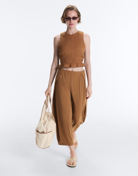 Oysho - Pantalon bouffant long à taille haute en tissu léger - Marron - view 1