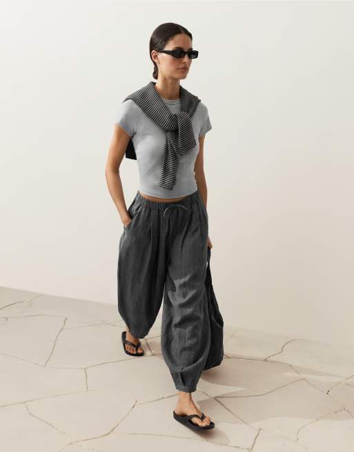 OYSHO - Pantalon bouffant rayé en lin 100% - Anthracite foncé, 2 de 4