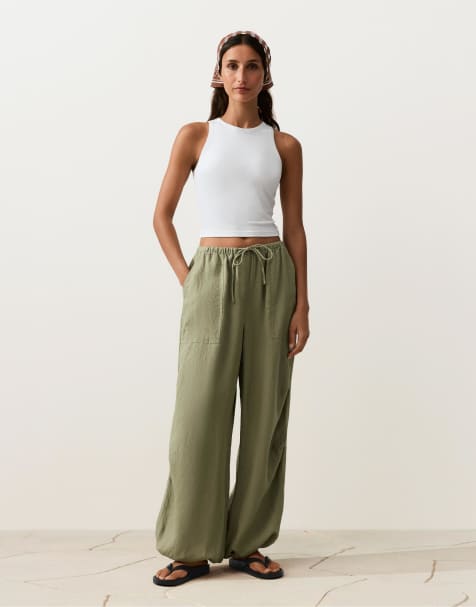 Oysho - Pantalon cargo ample en pur lin - Vert - view 1