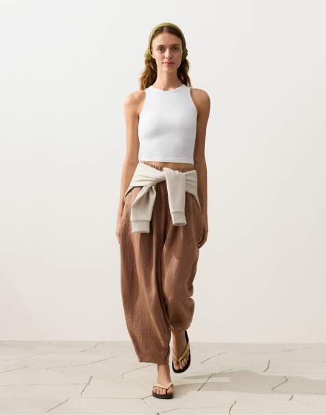 OYSHO - Pantalon coupe ballon 100 % lin mélangé à rayures - Fauve - view 1