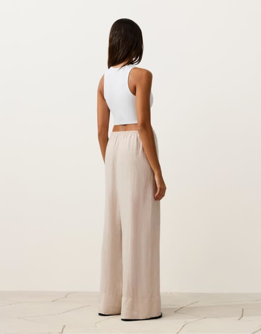 OYSHO - Pantalon droit 100 % lin à coutures apparentes - Sable chiné, 4 de 4