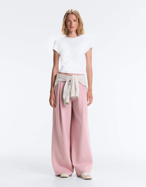 OYSHO - Pantalon droit à pinces en piqué de coton - Rose pâle - view 1