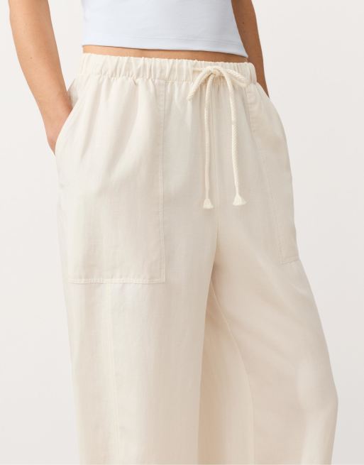 Oysho - Pantalon droit en 24% lin et lyocell mélangés - Écru pâle, 3 de 4