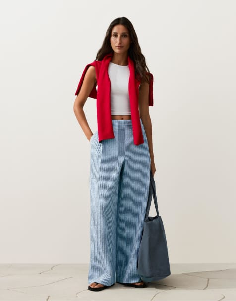 Oysho - Pantalon droit en coton mélangé à rayures - Bleu moyen - view 1