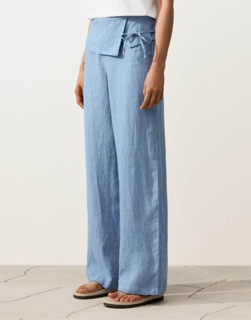 Oysho - Pantalon droit en lin avec taille à revers - Bleu, 2 de 4
