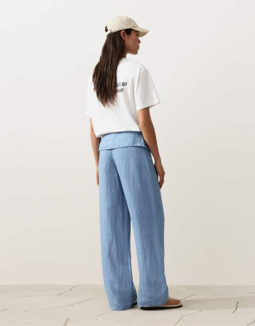 Oysho - Pantalon droit en lin avec taille à revers - Bleu, 4 de 4