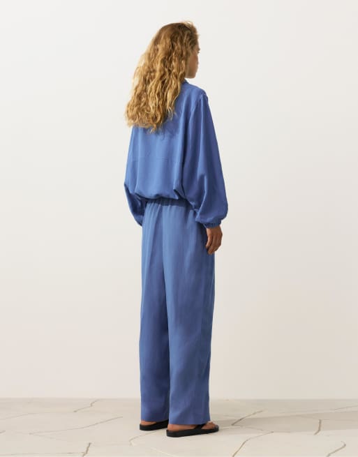 Oysho - Pantalon droit en lyocell mélangé et lin - Bleu, 3 de 4