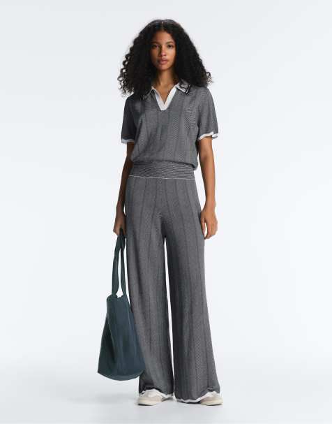 Oysho - Pantalon droit en maille à chevrons - Bleu marine - view 1