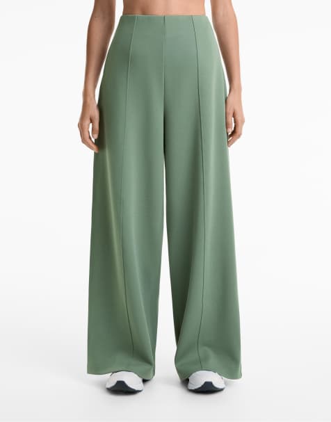 OYSHO - Pantalon en piqué de coton à taille ultra haute - Vert délavé - view 1