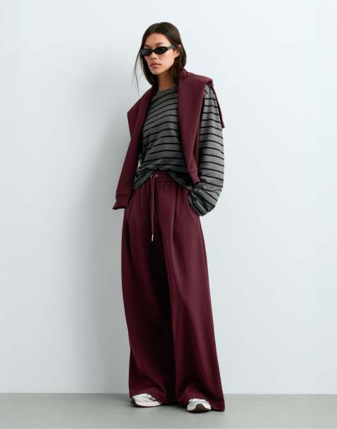 OYSHO Pantalon large en coton piqué bordeaux - view 1