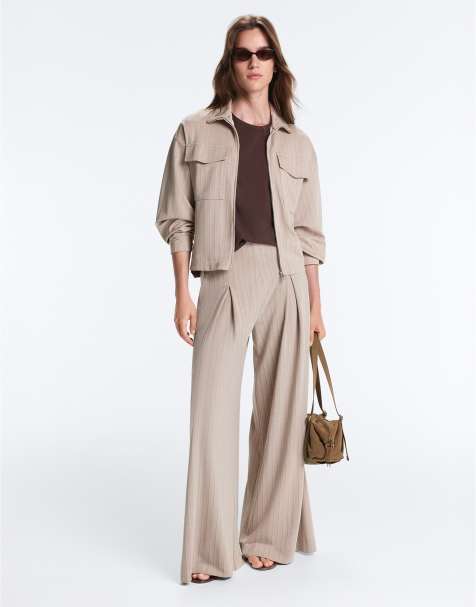 OYSHO - Pantalon large en tissu doux à rayures - Vison - view 1
