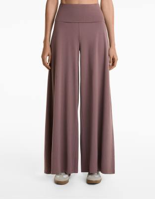 Oysho - Pantalon palazzo en coton mélangé à taille rabattue - Violet