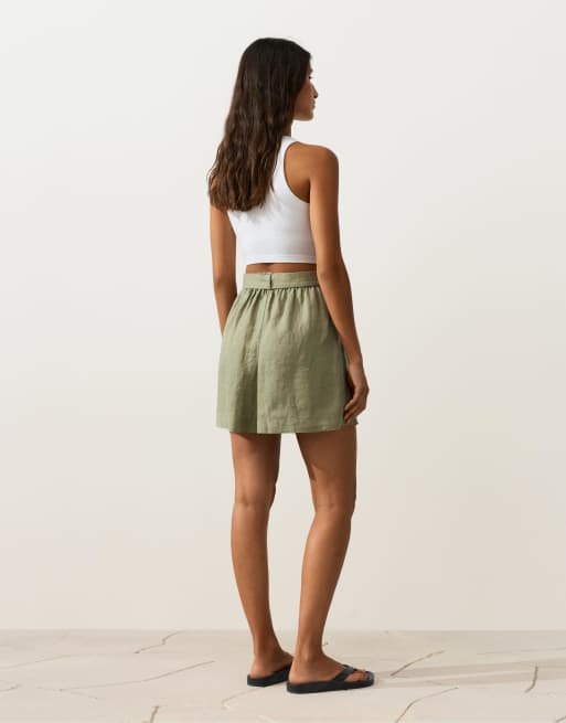OYSHO - Pantaloncini in 100% lino verdi con cintura, 4 di 4