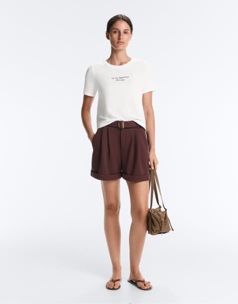 OYSHO - Pantaloncini in cotone piqué marrone con cintura - view 1